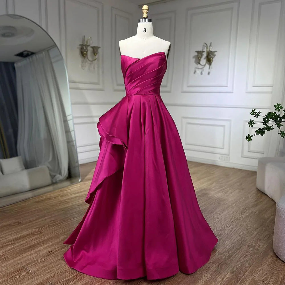 Serene Hill Arabic fuchsia A Line Elegant Satin Strapless Evening Dresses Gowns For Women Wedding Party 2024 LA72313 Serene Hill Arabic fuchsia A Line Elegant Satin Strapless Evening Dresses Gowns For Women Wedding Party 2024 LA72313