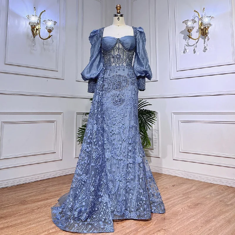 Serene Hill Blue Mermaid Lace Beaded Formal Evening Dresses With Balloon Sleeves For Woman Wedding  Party Gowns LA72034