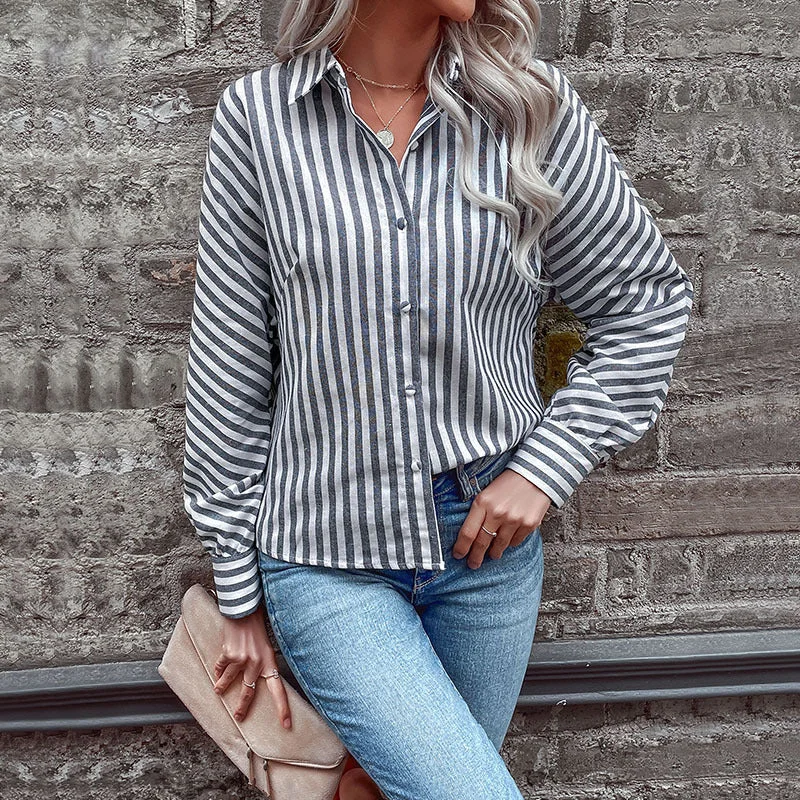 IKEARLAX New autumn new 2025 striped cardigan shirt long-sleeved commuter  lapel shirt women Iron Safe Non-Iron Wrinkle Free