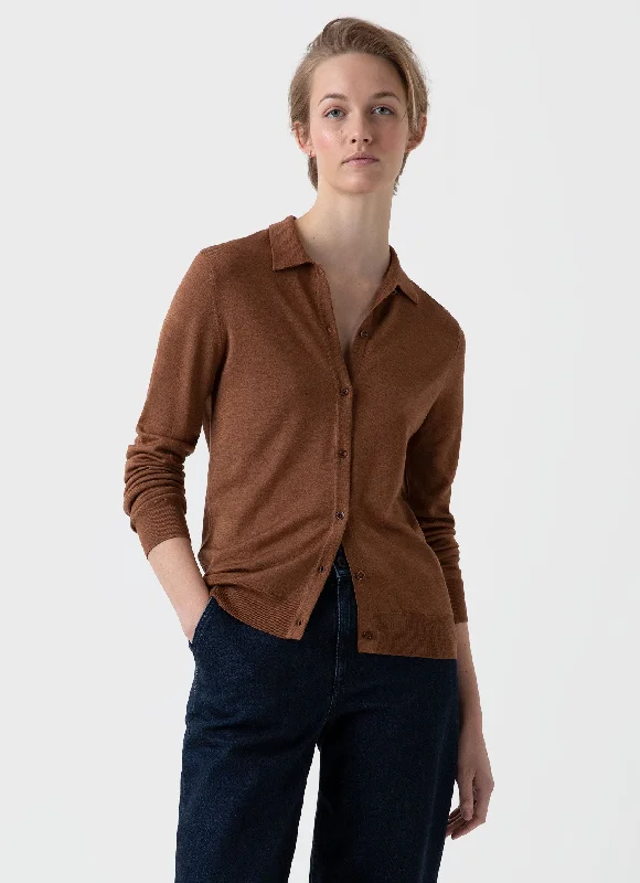 Women's Merino Silk Collar Cardigan in Pecan Patchwork Embroidered Appliqued