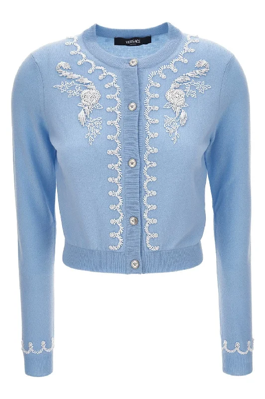 Embroidered Knit Sweater Open Front Closed Front Wrap Front