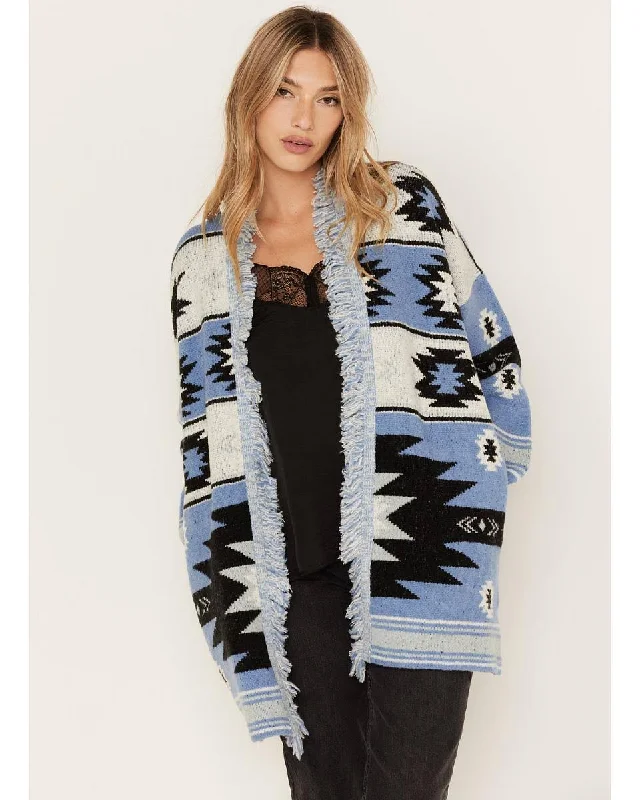 Aztec Print Fringe Cardigan Toggled Drawstring Belted