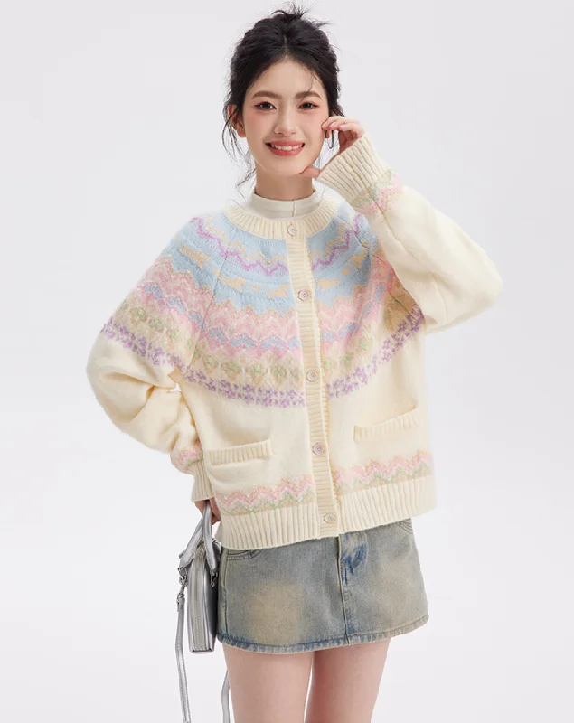 Candy-colored Fair Isle Knit Cardigan NTO0055 Patchwork Embroidered Appliqued
