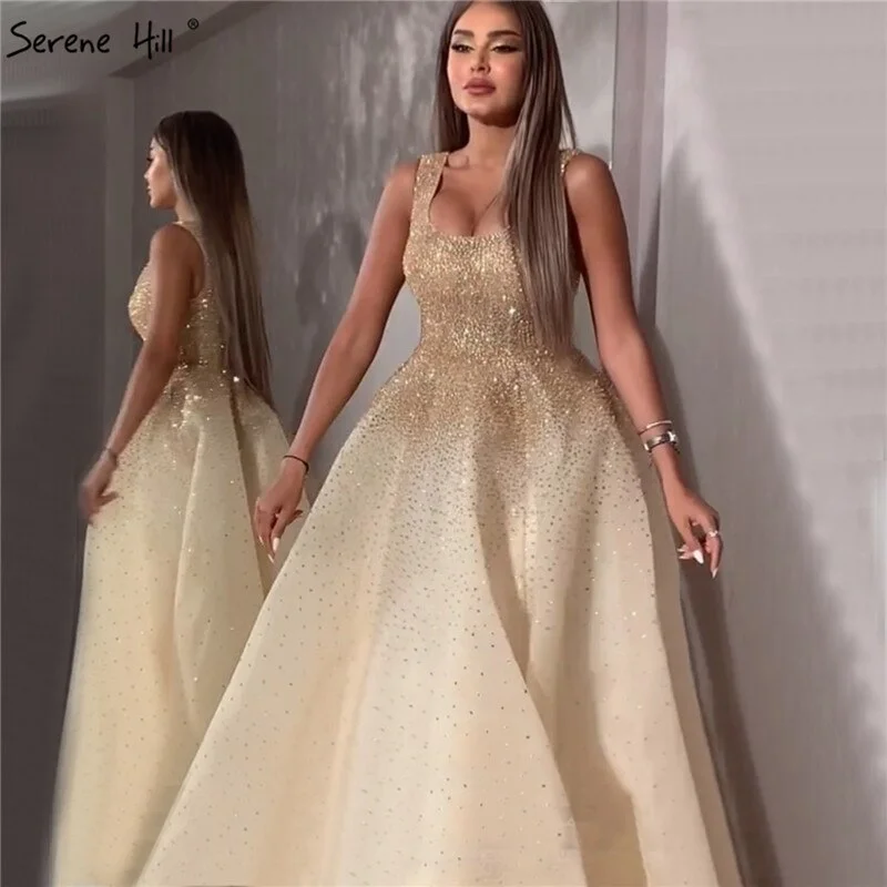 Serene Hill Champange A-Line Crystal Beaded Sexy Lace Up Luxury Dubai Evening Dresses Gowns For Women Wedding Party LA70232 Serene Hill Champange A-Line Crystal Beaded Sexy Lace Up Luxury Dubai Evening Dresses Gowns For Women Wedding Party LA70232