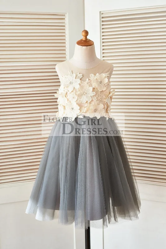 Sheer Illusion Neck Gray Tulle Wedding Flower Girl Dress, 3D Flowers
