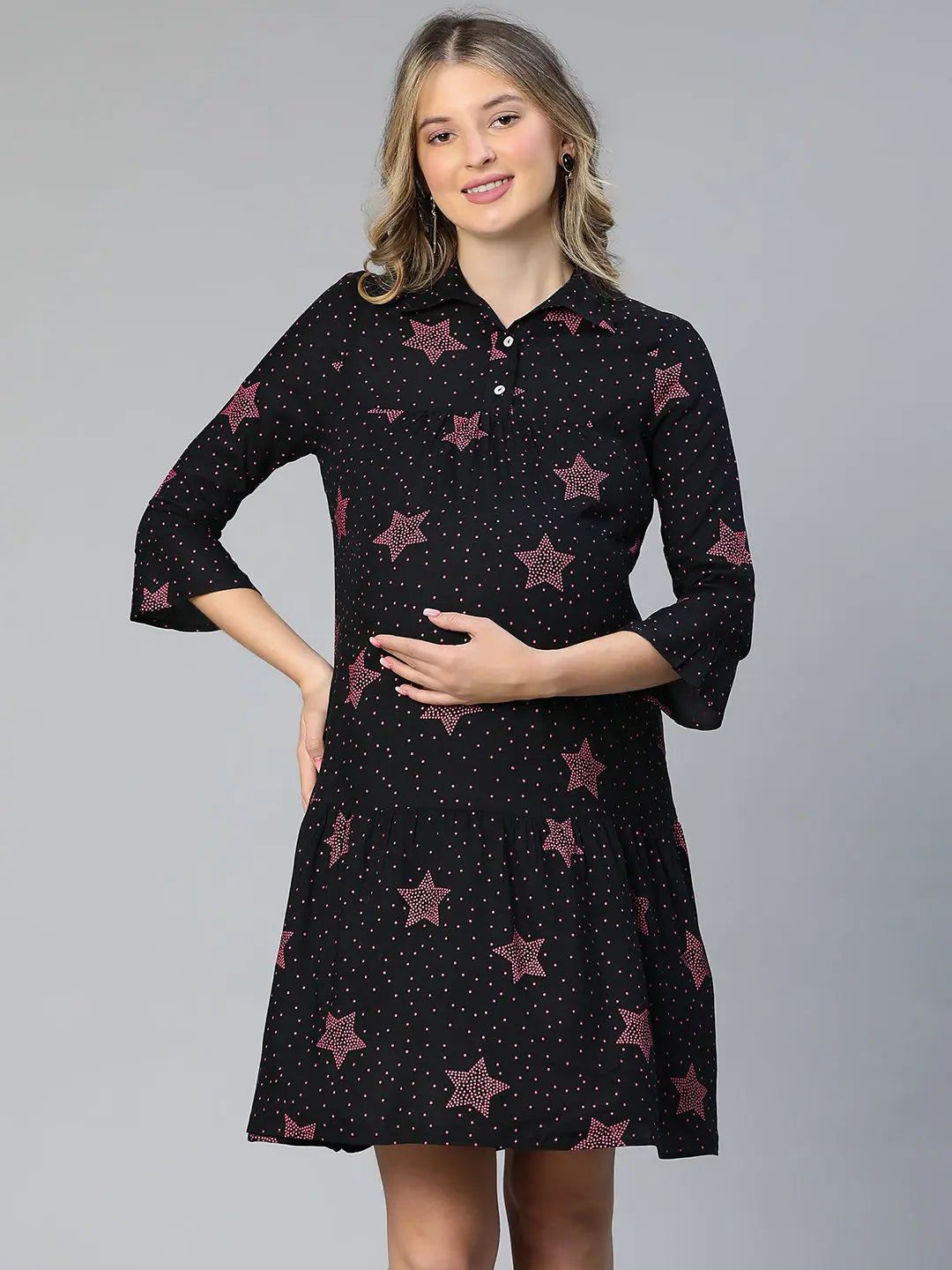 Women floral print collared bell sleeved black dress