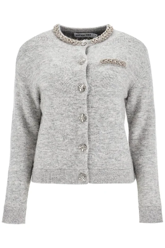 Melange Cardigan With Crystals  - Grey Striped Floral Plaid