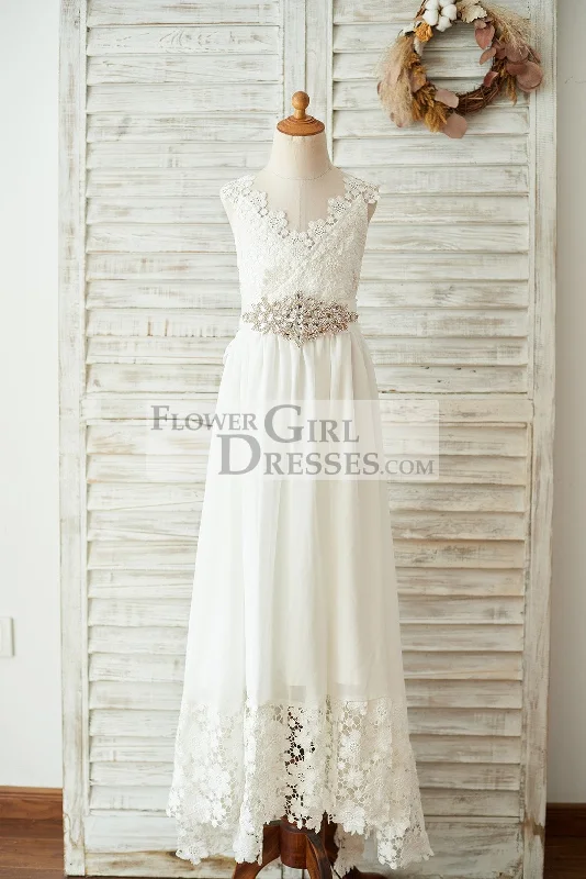 Boho Beach Ivory Lace Chiffon Backless Long Wedding Flower Girl Dress, Belt