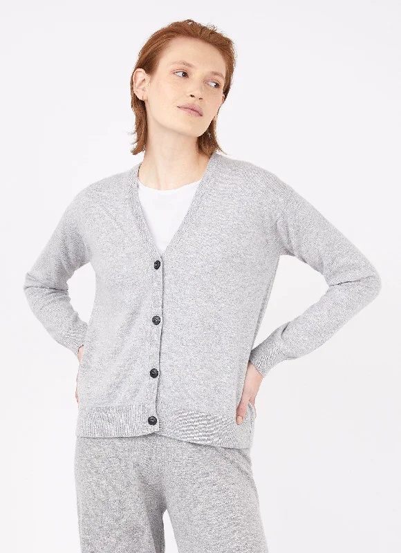 Women's Cashmere Boxy Cardigan in Grey Melange Crew Neck V-Neck Turtle Neck