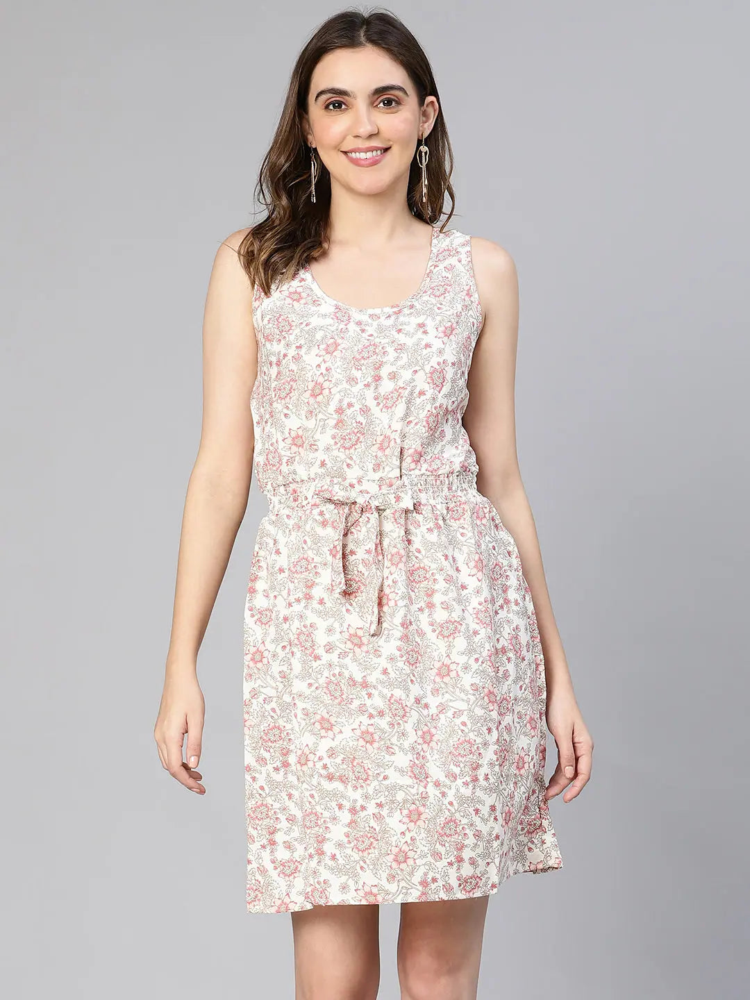 Women pink floral print elasticated & tie-knotted viscose dress