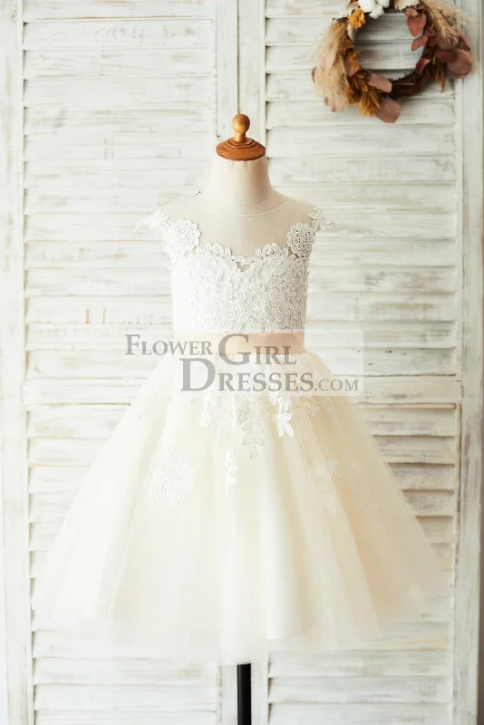 Ivory Lace Champagne Tulle V Back Wedding Party Flower Girl Dress