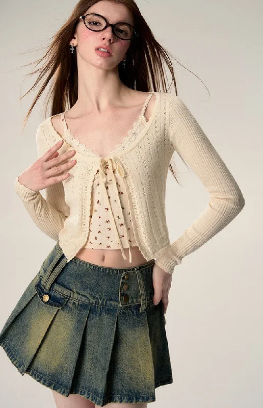 Striped Hollow Lace Long-sleeved Short Knitted Cardigan AFF0002 Soft Cozy Warm