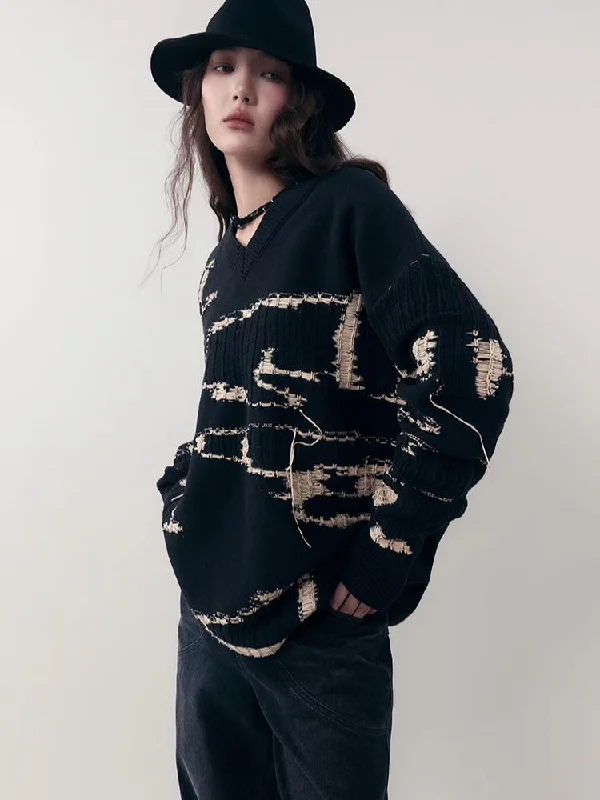V-Neck Knit Loose Pullover Sweater【s0000006386】 Transparent Opaque Sheer