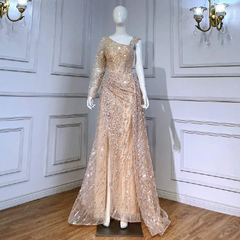 Serene Hill Peach Mermaid Elegant Evening Dresses Gowns 2024 Beaded Luxury Overskirt For Women Party LA71527