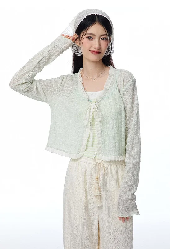 Lace Hollow Mint Color Knitted Cardigan/Pants NTO0109 Embroidered Appliqued Beaded