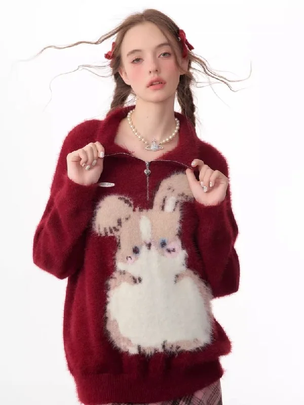 Half High Neck Plush Rabbit Red Sweater【s0000006166】 Modern Contemporary Chic