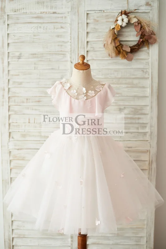 Pink Chiffon Tulle Sheer Neck Wedding Flower Girl Dress, Flowers