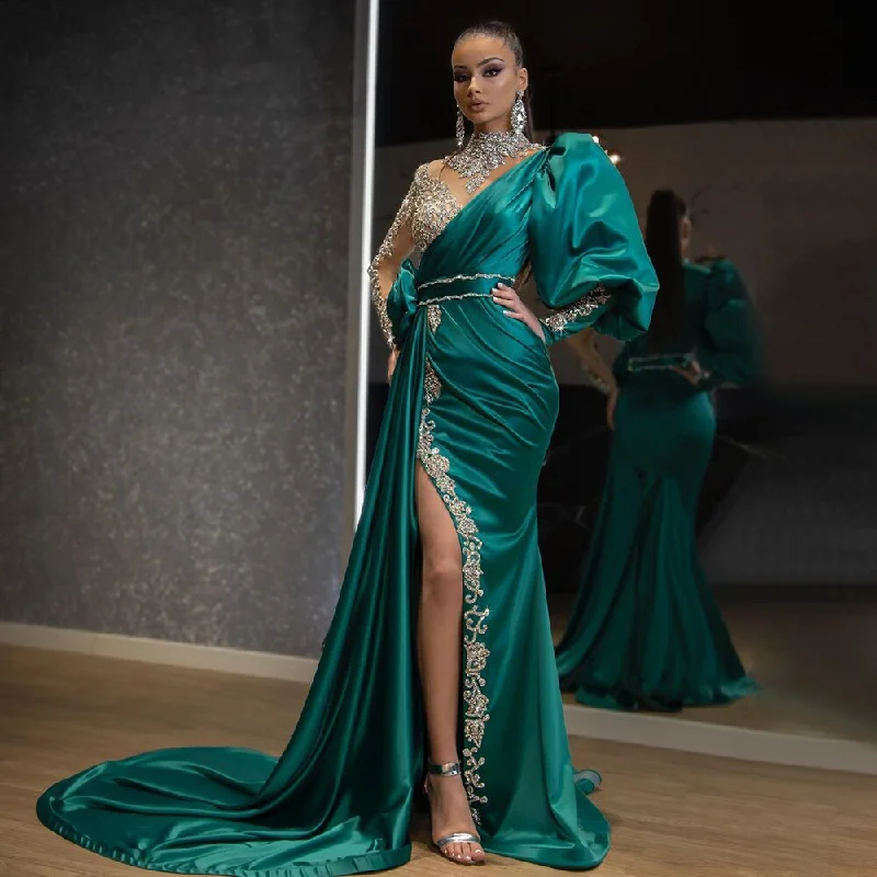 Serene Hill Green High Split Satin Evening Dresses Gowns 2024 Luxury Beaded Overskirt Mermaid  For Women Party LA71510