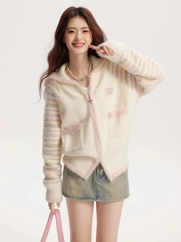 Cream Striped Sleeve Zip Knit Cardigan NTO0060 Houndstooth Herringbone Solid