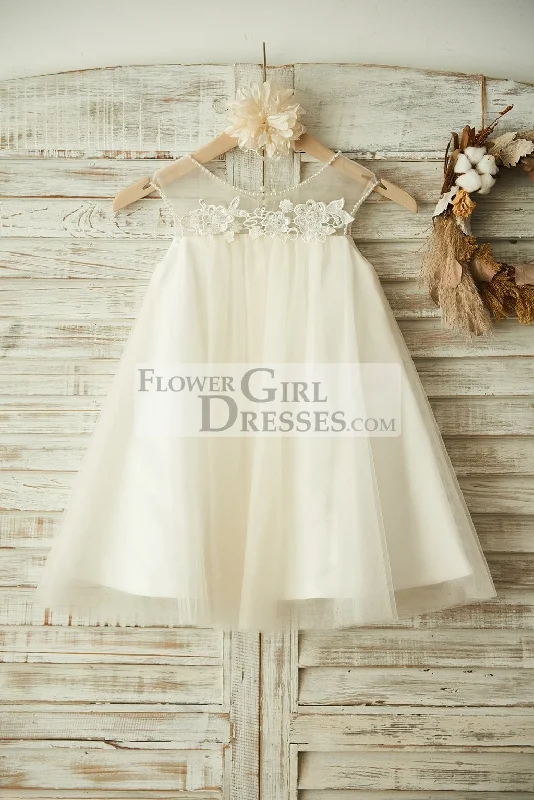Sheer Neck ChampagneTulle Lace Wedding Flower Girl Dress, Pearls
