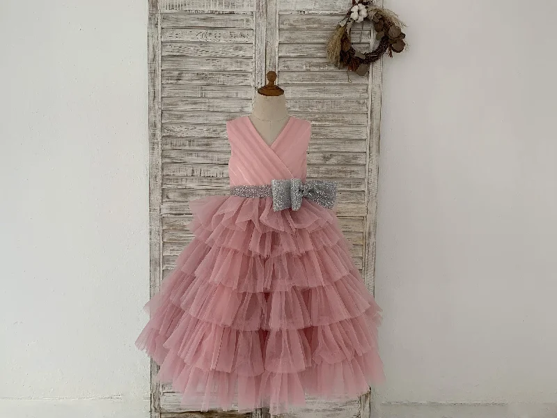 Cupcake Mauve Tulle V Neck Wedding Flower Girl Dress, Glittering Belt Bow
