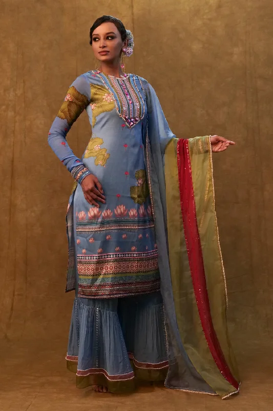 Ocean Blue Printed Kurta Set Paired With Color Block Dupatta And Flared Pants. Stretch Pants,