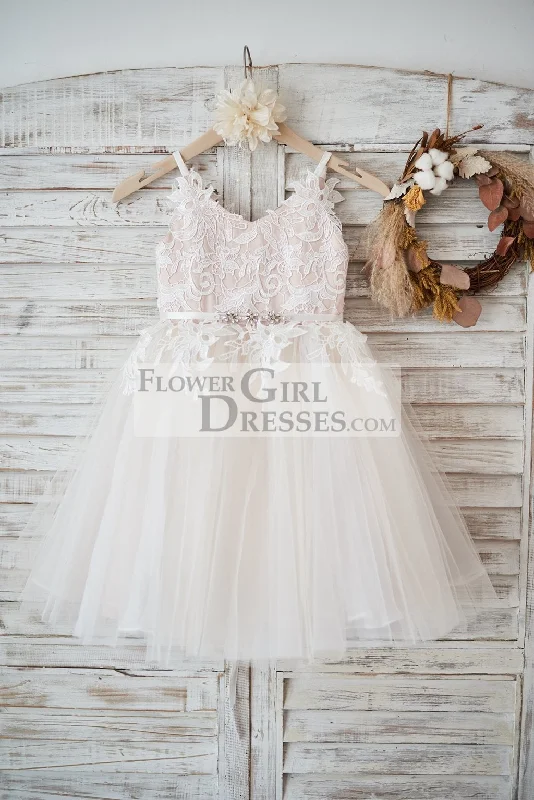 Ivory Lace Tulle Peach Spaghetti Straps Wedding Flower Girl Dress, Belt