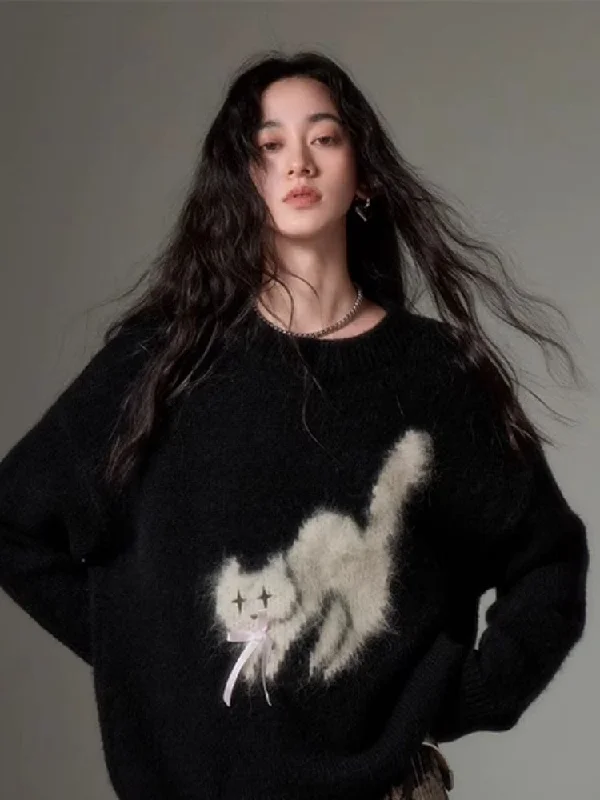 Monday fried cat soft round neck pullover sweater【s0000004867】 Hooded Caped Shawl Collar