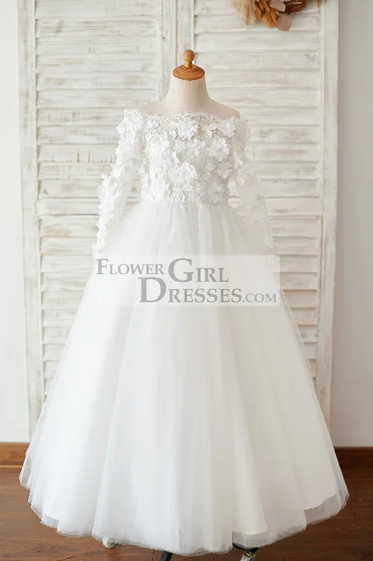 Ivory Lace Tulle Off Shoulder Long Sleeves Wedding Flower Girl Dress with 3D Flowers Ivory Lace Tulle Off Shoulder Long Sleeves Wedding Flower Girl Dress with 3D Flowers