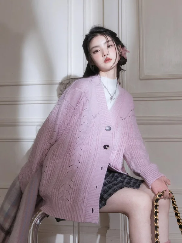 Mid length sweater jacket【s0000005794】 Solid Color Striped Floral Print