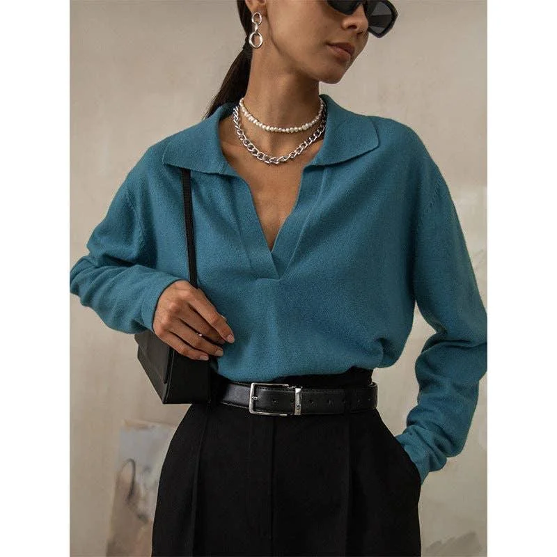 Ladies Lapel V-Neck Long Sleeves Sweater MY0005 Mesh Blend Leather Blend Suede Blend