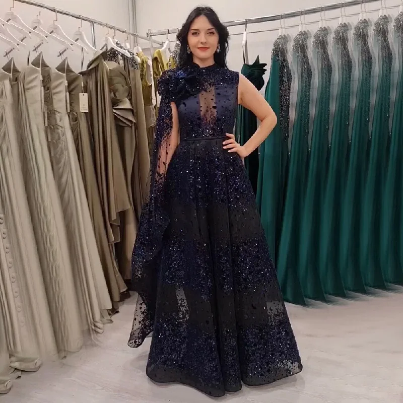 Serene Hill Arabic Black A Line Sexy Lace Cape Sleeves Beaded Luxury Evening Dresses Gowns For Women Wedding Party 2024 LA71951 Serene Hill Arabic Black A Line Sexy Lace Cape Sleeves Beaded Luxury Evening Dresses Gowns For Women Wedding Party 2024 LA71951