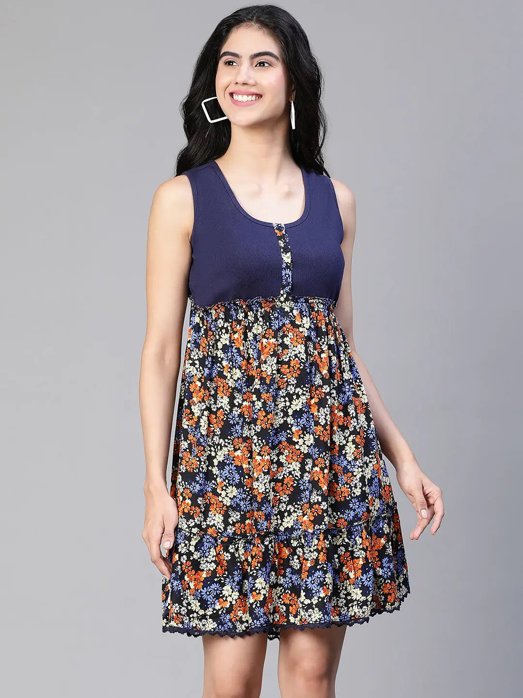 Women multicolor floral print round neck sleeveless buttoned dress-S23134WDR002_S