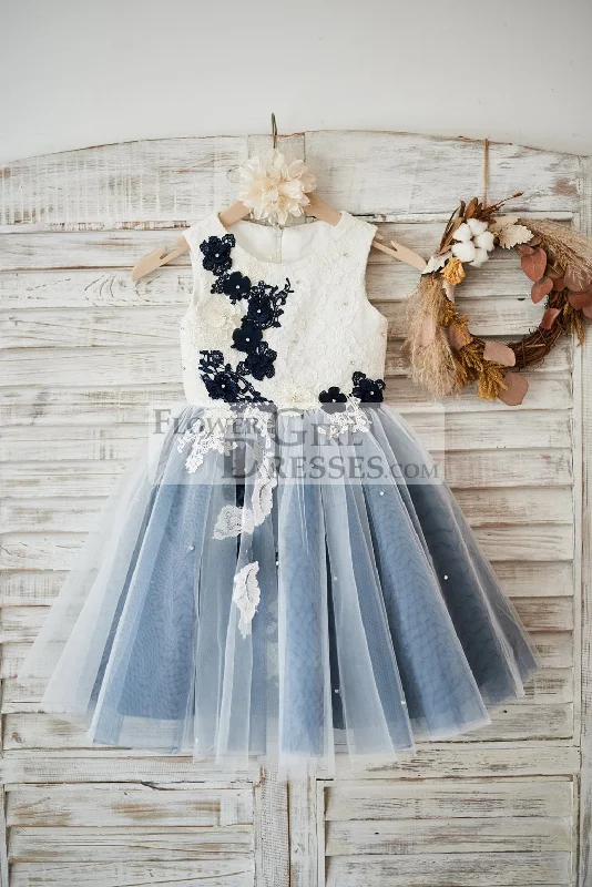 Ivory Lace Dusty Bule Tulle Wedding Flower Girl Dress, Appliques\Beads