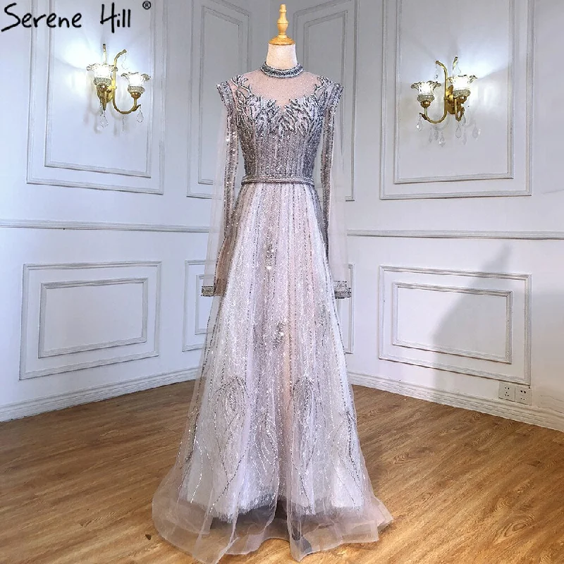 Serene Hill Luxury A-Line Silver Evening Dresses Gowns 2024 Beaded Cape Sleeve For Woman Party LA71443 Serene Hill Luxury A-Line Silver Evening Dresses Gowns 2024 Beaded Cape Sleeve For Woman Party LA71443