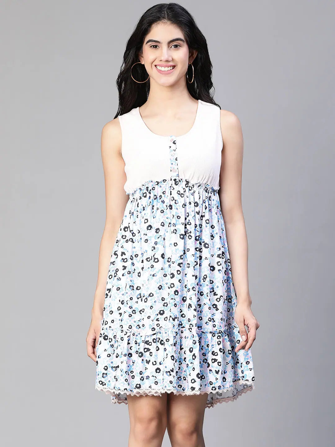 Women multicolor floral print round neck sleeveless buttoned dress-S23134WDR003_S
