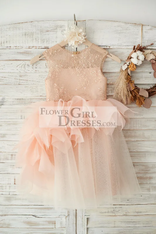Princess Asymmetrical Lace Tulle Organza Ruffle Wedding Flower Girl Dress