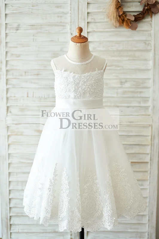 Ivory Lace Tulle Sheer Neck Wedding Flower Girl Dress, Bow