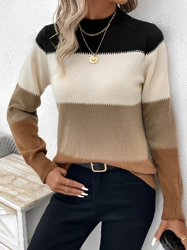 Colorblock Mock Neck Long Sleeve Pullover Sweater Cable Knit Ribbed Knit Lace Knit