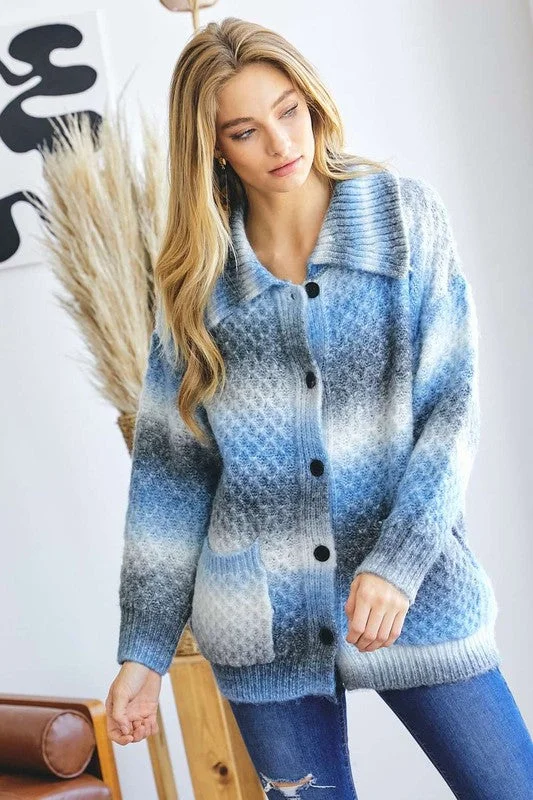 Ombre Striped Collared Cardigan -Blue Elegant Classic Vintage