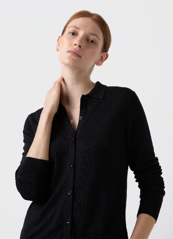 Women's Merino Silk Collar Cardigan in Black Boxy Cardigan Fitted Cardigan A-Line