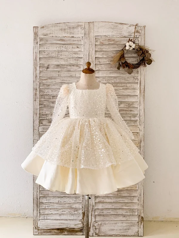 Square Neck Long Sleeves Crystal Beaded Wedding Flower Girl Dress, Horsehair