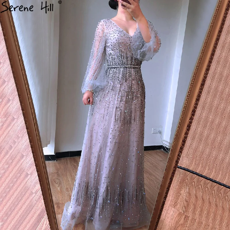 Grey A-Line Luxury Sparkle Dubai Evening Dresses 2024 Beading Long Sleeves Sexy Formal Dress Serene Hill LA70642