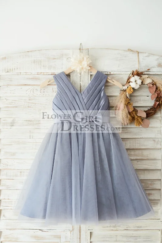 Gray Satin Tulle V Neckline Wedding Flower Girl Dress, Belt