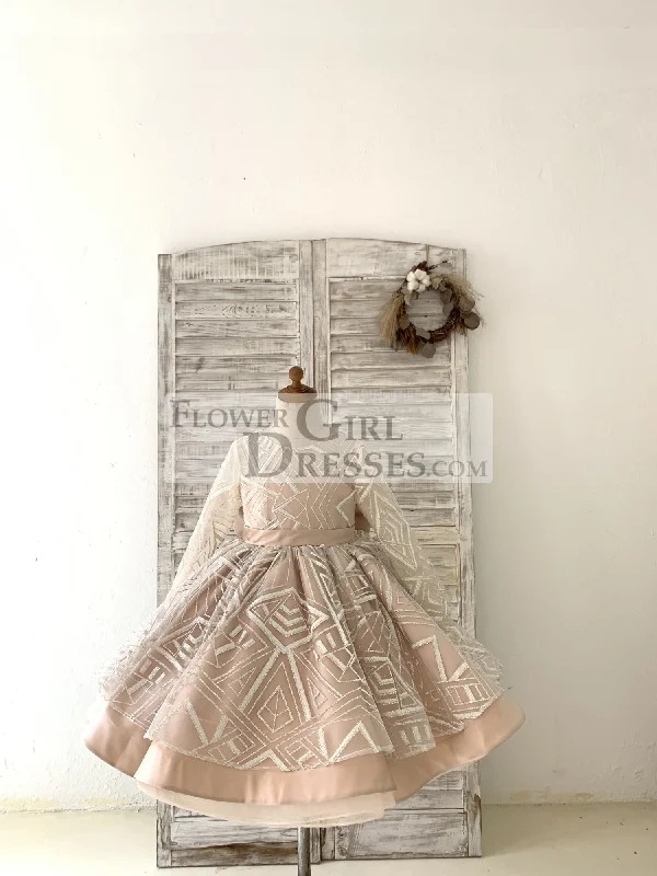 Long Sleeves V Back Glittering Lace Champagne Satin Wedding Flower Girl Dress