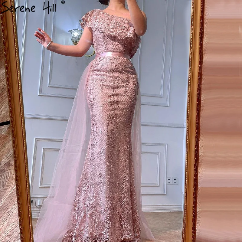 Pink One Shoulder Mermaid Sexy Evening Dresses 2024 Lace Pearls Sequins Elegant Formal Dress Serene Hill LA70386 Pink One Shoulder Mermaid Sexy Evening Dresses 2024 Lace Pearls Sequins Elegant Formal Dress Serene Hill LA70386