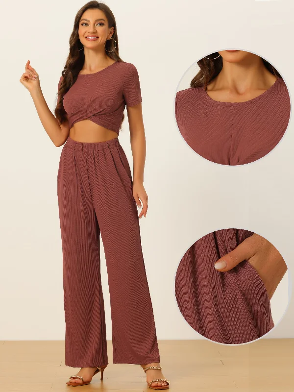 2 Piece Outfits Shrot Sleeve Front Twist Top Wide Leg Pants Lounge Sets Tracksuits Pants Sale,