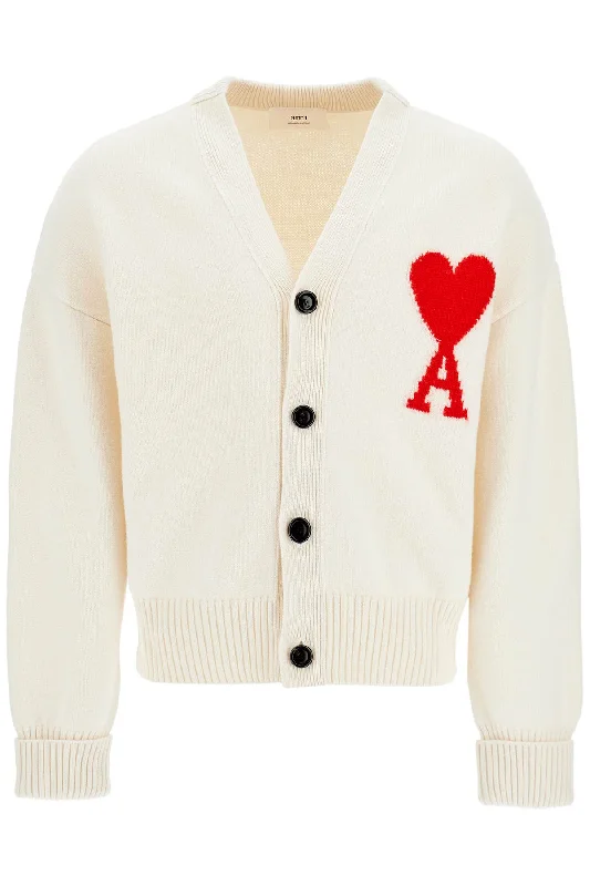 Pure Virgin Wool Cardigan With Jacquard Logo  - White Collared Crew Neck Turtle Neck
