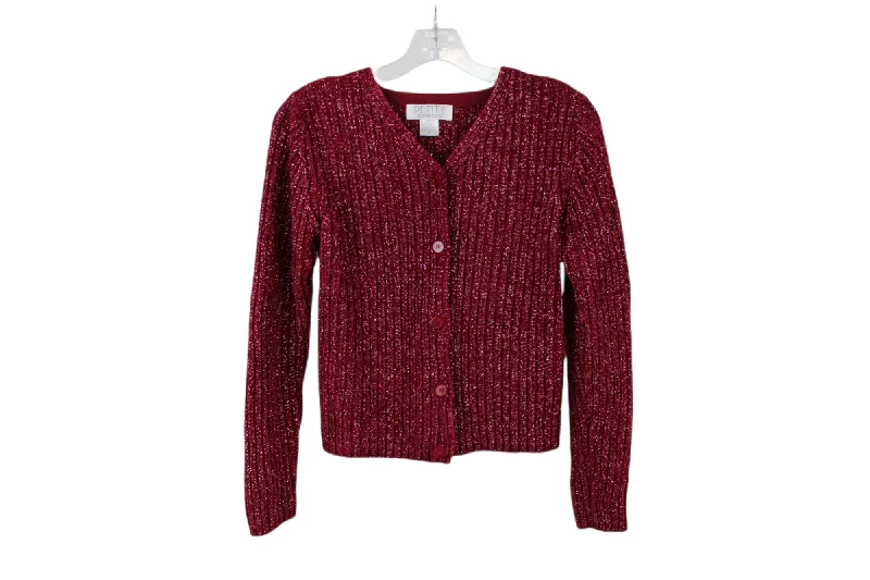 Sophisticate Red Shimmer Knit Cardigan | Petite (S) Solid Color Striped Floral Print