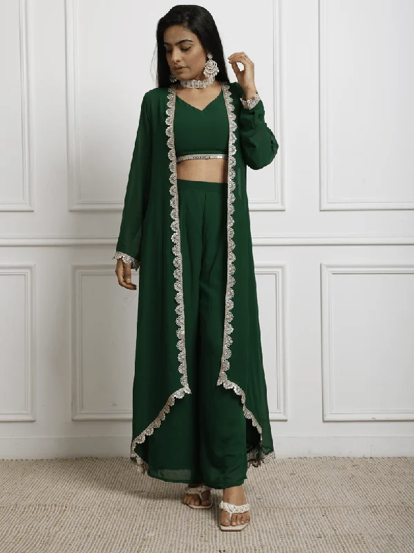Green georgette top and flared pants with shrug New Arrival Flared,